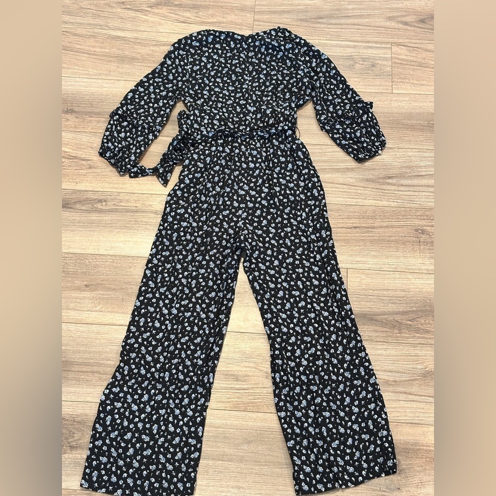 Madewell Black Ruffle-Sleeve Tie-Waist Floral Jumpsuit in Baby’s Breath XS - Picture 8 of 11
